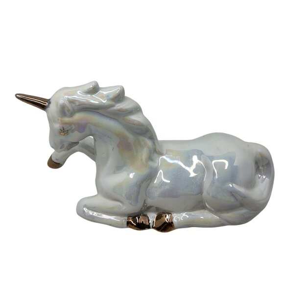 Vintage 1980s Porcelain Iridescent White, Gold Unicorn Figurine - Picture 2 of 7